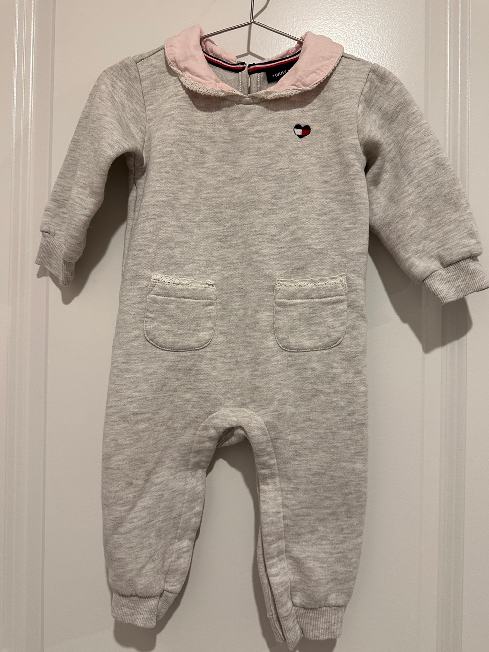 Tommy Hilfiger Baby Girls' Gray One-Piece Romper with Pink Collar